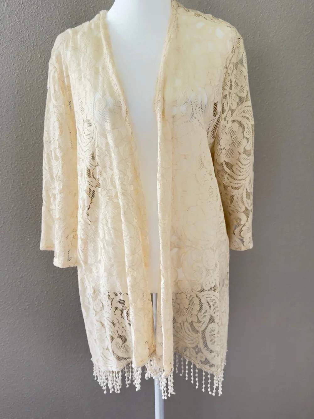 Espresso Cream Floral Lace Kimono Robe with Beaded Fringe